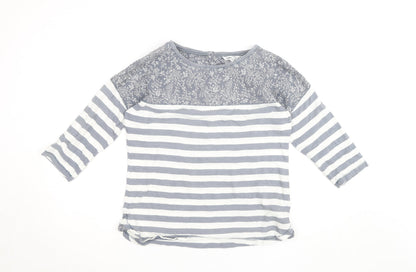 Fat Face Women's Grey White Striped Floral 3/4 Sleeve Cotton Top Size 12