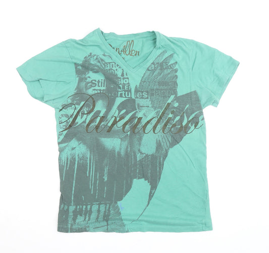 Primark Ben Allen Men's Green V-Neck Graphic T-Shirt Medium