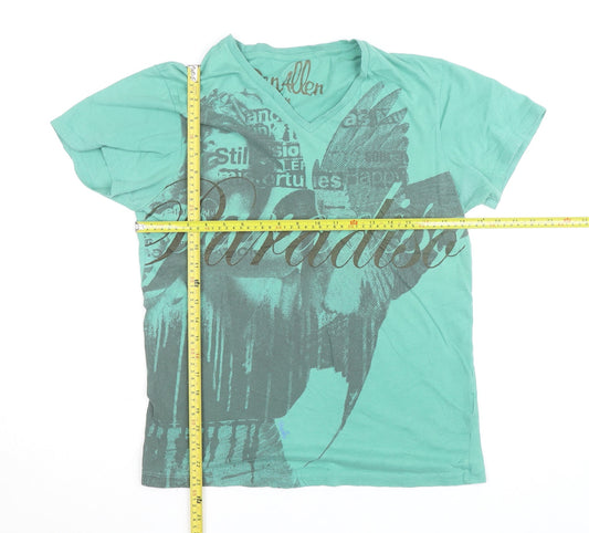 Primark Ben Allen Men's Green V-Neck Graphic T-Shirt Medium