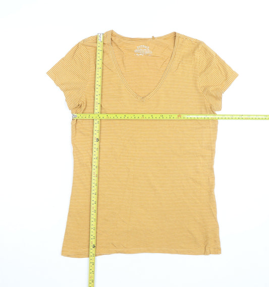 FatFace Womens Yellow Striped V-Neck Cotton Modal T-Shirt Size 12