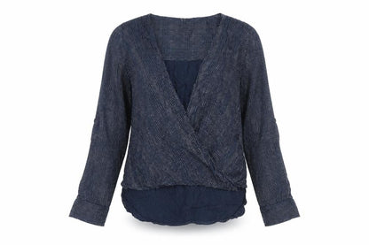Maison de Nimes Women's Blue Wrap Blouse Size 8 Viscose Long Sleeve