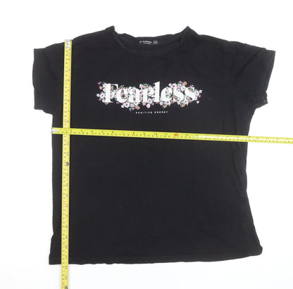 Stradivarius Women Black XL Fearless Floral Graphic T-Shirt