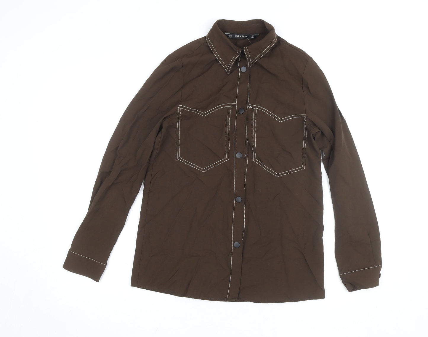 Zara Women Brown Long Sleeve Button-Up Shirt XS Basic Style