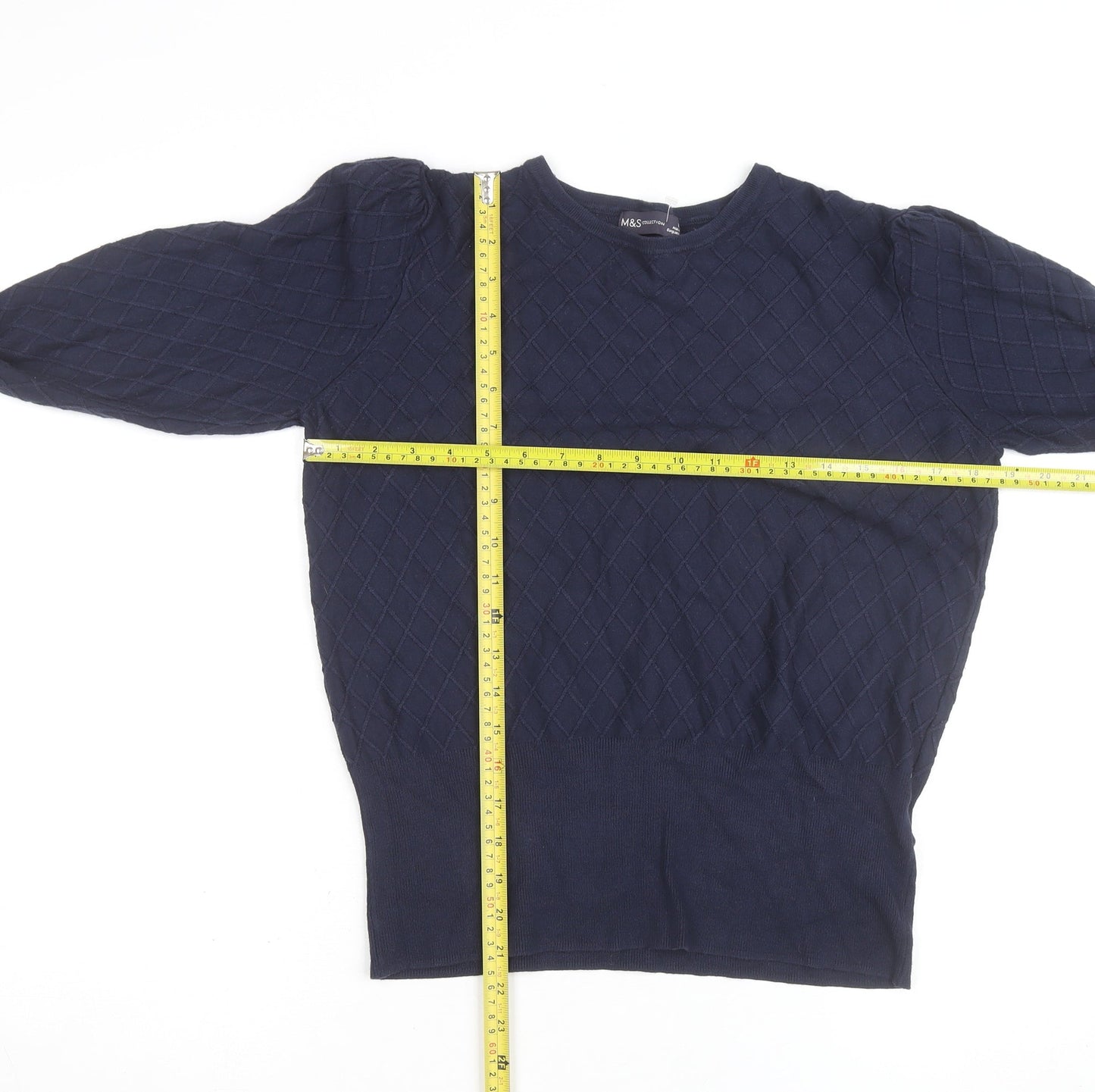 Marks and Spencer Women's Blue Size 12 Diamond Knit Crew Neck Jumper