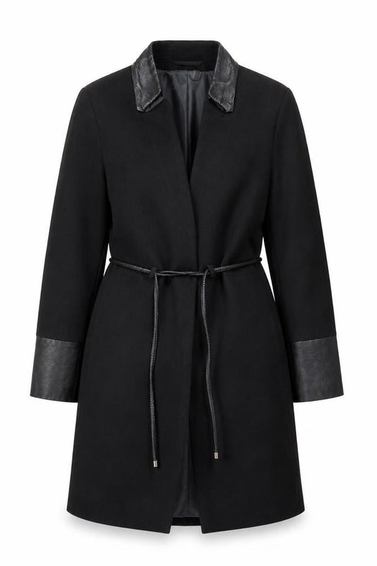 H&M Women's Black Wool Overcoat with Faux Leather Trim Size 12