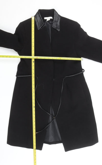 H&M Women's Black Wool Overcoat with Faux Leather Trim Size 12
