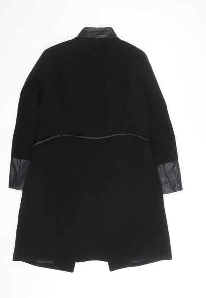 H&M Women's Black Wool Overcoat with Faux Leather Trim Size 12