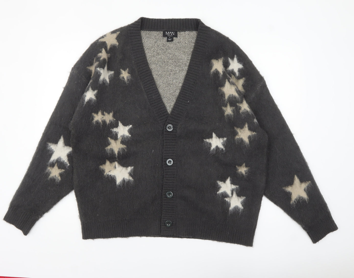 boohooMAN Men's Black Star Print Chunky Knit Cardigan M
