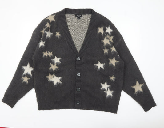 boohooMAN Men's Black Star Print Chunky Knit Cardigan M