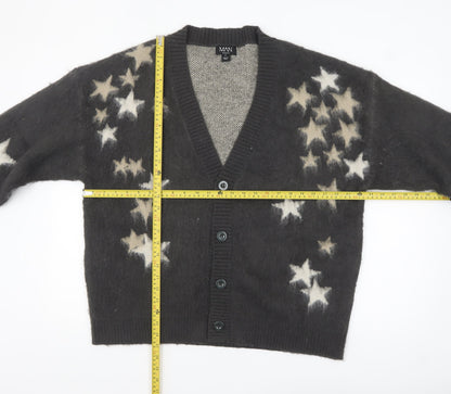 boohooMAN Men's Black Star Print Chunky Knit Cardigan M