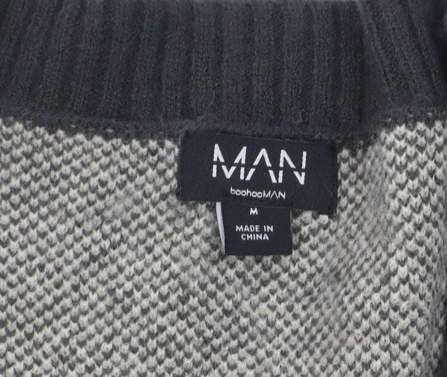 boohooMAN Men's Black Star Print Chunky Knit Cardigan M