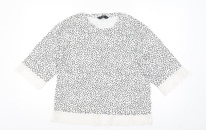 F&F Women White Black Polka Dot Lace Trim Blouse Size 14