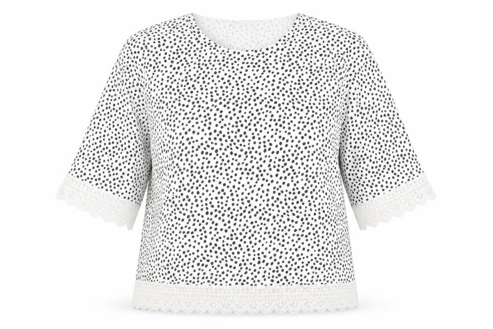 F&F Women White Black Polka Dot Lace Trim Blouse Size 14