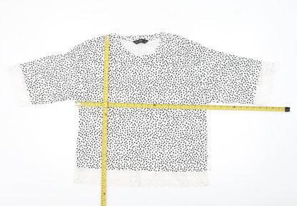 F&F Women White Black Polka Dot Lace Trim Blouse Size 14