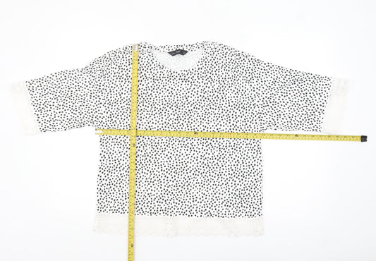 F&F Women White Black Polka Dot Lace Trim Blouse Size 14