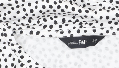 F&F Women White Black Polka Dot Lace Trim Blouse Size 14