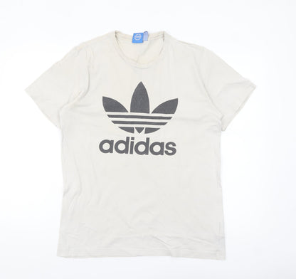 Adidas Men's Beige Trefoil Logo T-Shirt Size M Short Sleeve Cotton