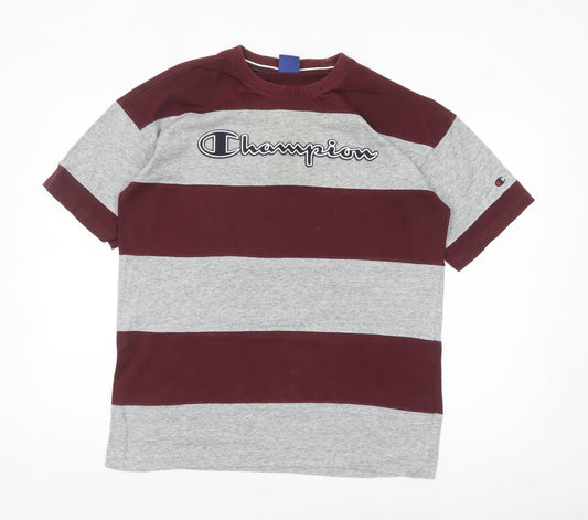 Champion Men's Grey & Red Striped Crew Neck Short Sleeve T-Shirt Size S