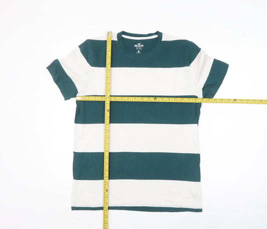 Hollister Men Green White Striped Crew Neck Cotton T-Shirt Size M