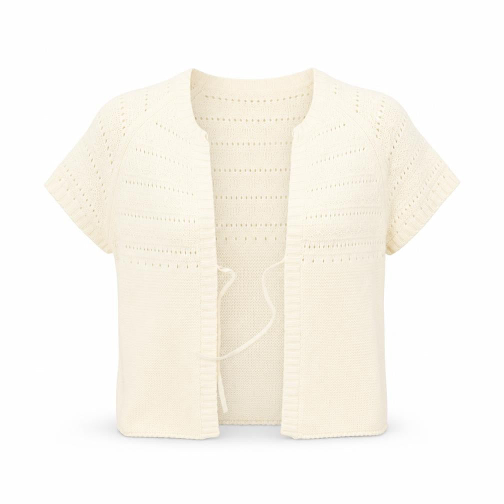 Fransa Women Ivory Short Sleeve Open Knit Cardigan M