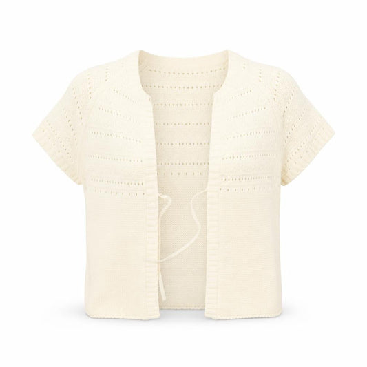 Fransa Women Ivory Short Sleeve Open Knit Cardigan M
