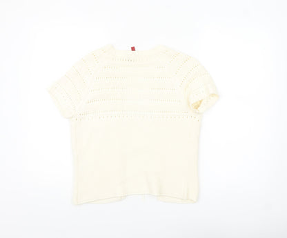 Fransa Women Ivory Short Sleeve Open Knit Cardigan M