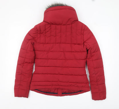 Diesel Womens Red XS Puffer Jacket Faux Fur Hood Winter Coat