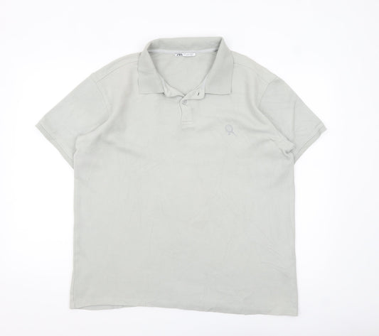 Zara Men's Grey Cotton Polo Shirt Size L Short Sleeve Casual