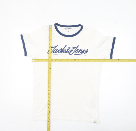 Jack & Jones Men's White and Blue Ringer T-Shirt Size M Cotton Casual