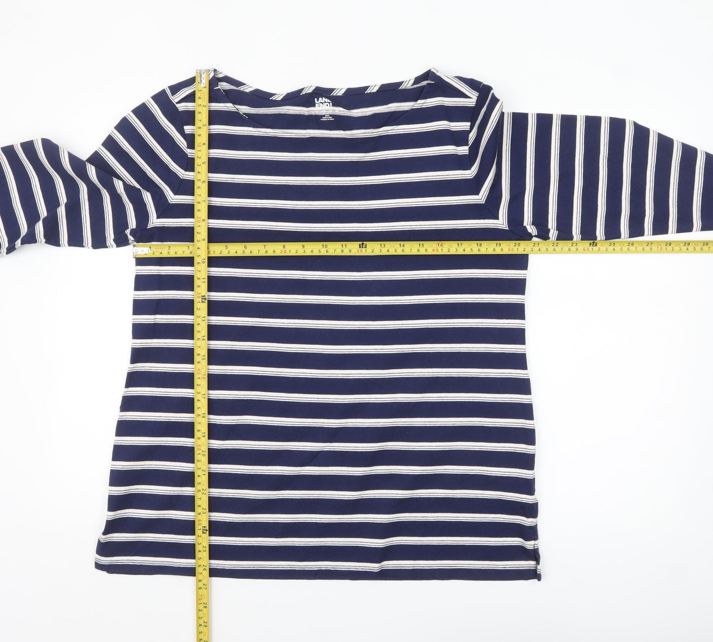 Lands' End Women's Blue Striped 3/4 Sleeve Cotton Petite T-Shirt M