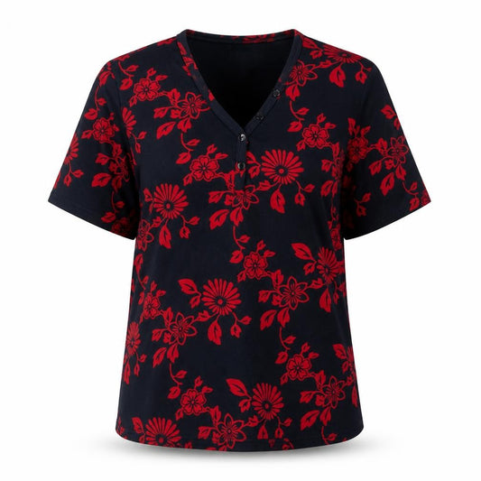Jumper Women's Blue Red Floral Cotton V-Neck Short Sleeve T-Shirt M