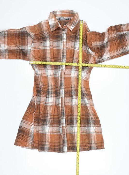 Missguided Women Brown Check Long Sleeve Shirt Dress Size 8