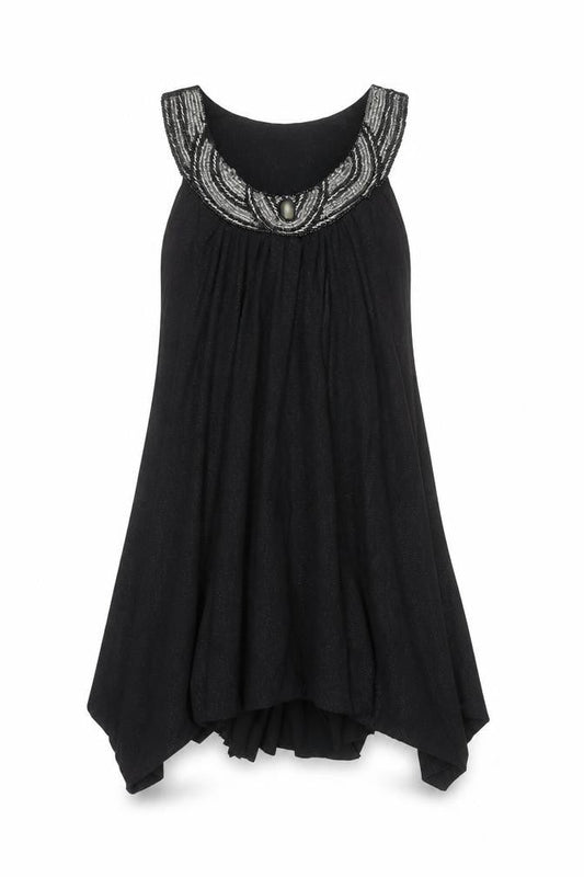 Front view of Dunnes Women’s Black Beaded A-Line Sleeveless Party Dress, size UK 10