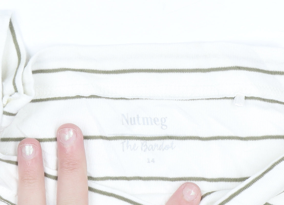 Nutmeg Women White Striped Boat Neck Long Sleeve Cotton Top Size 14