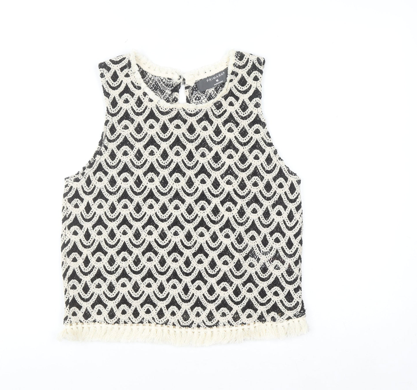 Primark Women's Black Crochet Tank Top M Boho Fringe Summer Camisole