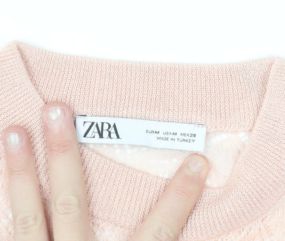 ZARA Women Pink Cropped Knit Blouse Size M Lightweight Viscose