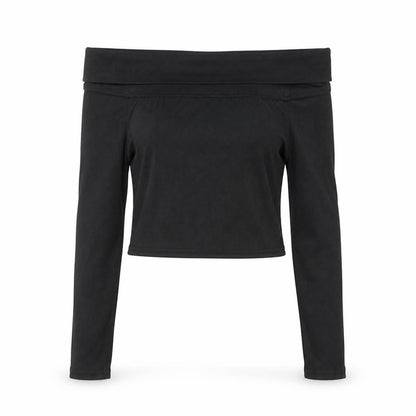 PRETTYLITTLETHING Womens Black Off Shoulder Cropped Long Sleeve Top Size 10