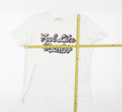 Pieces Women's White Sequin Slogan Cotton T-Shirt Size M