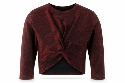 Italy Style Women Red Glitter Twist Front Long Sleeve Blouse M