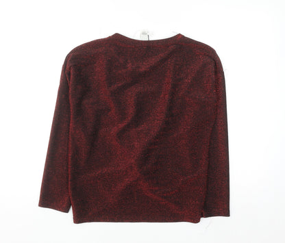 Italy Style Women Red Glitter Twist Front Long Sleeve Blouse M