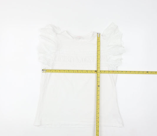 Savida Womens White Ruffle Sleeve Cotton T-Shirt Size 12