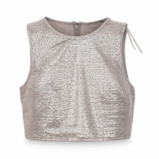 Front view of Dunnes Women’s Mocha Sequin Cropped Sleeveless Tank Top, size UK 12