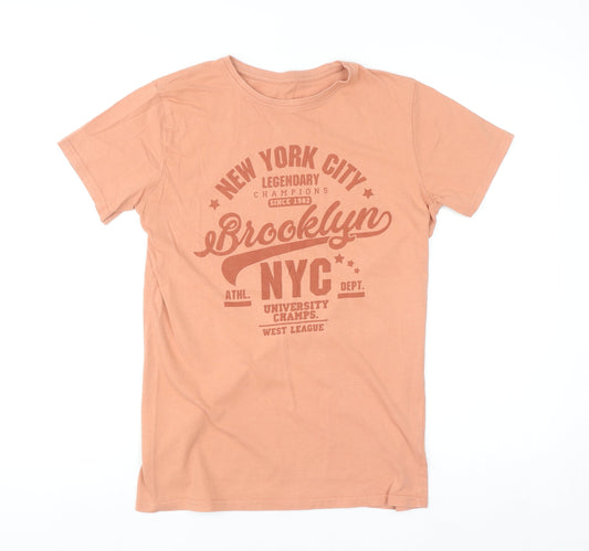 Dunnes Stores Men's Orange Brooklyn NYC Graphic Cotton T-Shirt XS