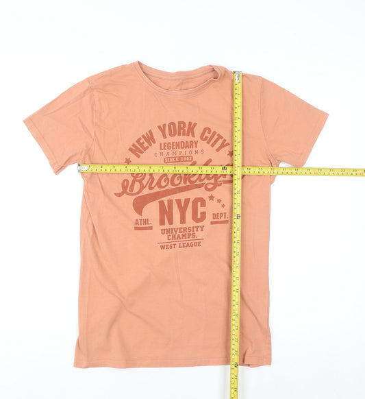 Dunnes Stores Men's Orange Brooklyn NYC Graphic Cotton T-Shirt XS