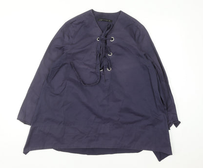 Zara Women Blue Lace Up Cotton Tunic Blouse Size 12
