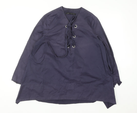 Zara Women Blue Lace Up Cotton Tunic Blouse Size 12