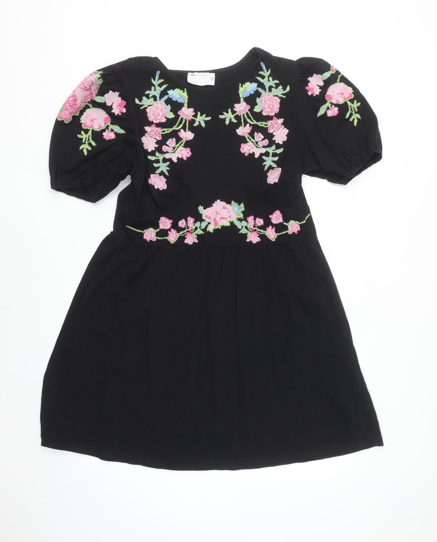 ASOS DESIGN Women's Black Floral Embroidered Fit & Flare Dress Size 14