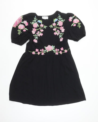 ASOS DESIGN Women's Black Floral Embroidered Fit & Flare Dress Size 14