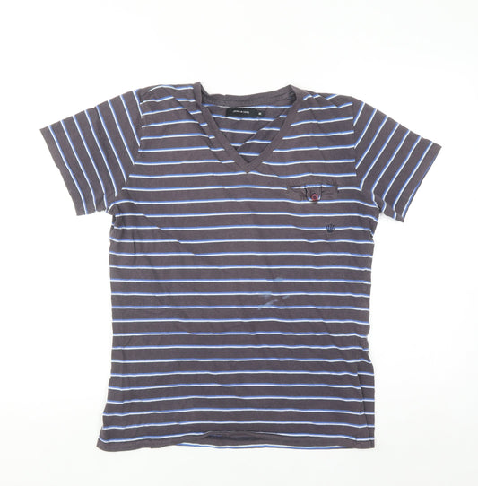 Junk de Luxe Men's Grey Striped V-Neck Cotton T-Shirt Size M