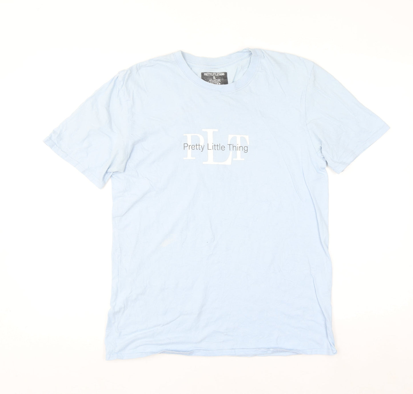 Pretty Little Thing Men Light Blue Cotton Crew Neck T-Shirt Size S